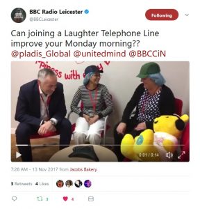 2018 11 13 BBC Radio Leicester laughing with McVities Staff on The Telephone Laughter Club - Corporate Laughter Yoga Training & Workshop Specialists in the UK | Corporate Wellness & Workplace Wellbeing Programmes, Trainings & Workshops in London UK with Laughter Yoga Expert Lotte Mikkelsen